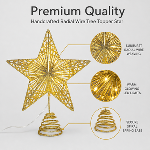 Pil ile Çalışan LED'li Çevre Dostu Metal Altın Simli Güneş Patlaması Radyal Tel Yıldız Ağacı Tepesi Bobin Tabanlı Noel Ev Dekorasyonu - Product Image 4