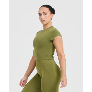 Conjunto Deportivo de 2 Piezas para Mujer, Color Verde Oliva, Tejido de Punto, Top Corto de Manga Corta con Cuello Redondo, Transpirable, para Primavera/Verano - Product Image 3