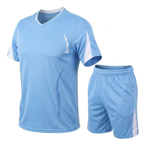 Ensemble de maillots de football personnalisés bleu ciel, séchage rapide, respirant, kit d'équipe pour hommes, femmes et jeunes, polyester, col en V, vente en gros, vêtements d'entraînement - Product Image 1