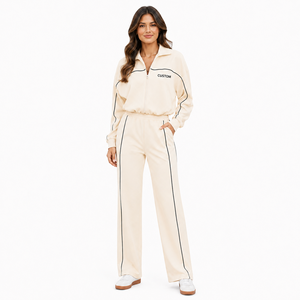 Conjunto de chándal color crema para mujer, chaqueta con cremallera y logotipo personalizado, pantalones de pierna ancha con ribete en contraste, ropa deportiva informal, logotipo personalizado OEM - Product Image 1