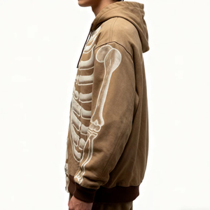 Veste à capuche zippée pour homme, motif squelette, style streetwear vintage délavé, imprimé os, vêtement d'extérieur décontracté et tendance - Product Image 5