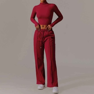 Fabricantes de Ropa Deportiva Profesional Personalizada, Conjunto de Top Corto de Manga Larga y Pantalones Deportivos de Pierna Recta para Mujer, Conjunto Deportivo Personalizado - Product Image 1