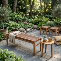 Banc en bois Ciaro minimaliste moderne, bois de teck massif naturel, tressage en rotin brun, confortable, léger et durable, pour patio et jardin