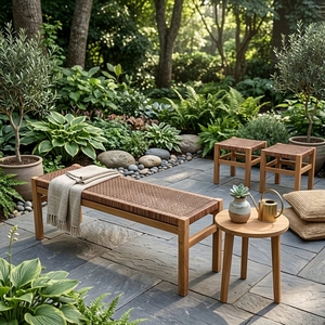 Modern Minimalist Ciaro Wooden <b>Bench</b> Natural Solid Teak Wood Brown Rattan Webbing Comfortable Lightweight & Durable Patio Garden - Product Image 2