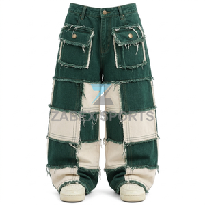 Pantalon en jean patchwork urbain pour homme, coupe ample, jambe large, style cargo, denim épais, vêtements streetwear décontractés, fabriqué au Pakistan - Product Image 1