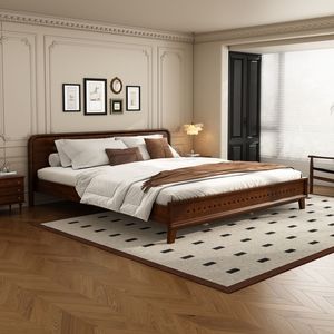 Letto Matrimoniale in Legno Massello di Pino Noce Scuro, Stabile e Robusto, Senza Necessità di Rete a Doghe - Product Image 1