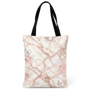 Pink Marble Texture Printed Shopping <b>Bag</b> Polyester Canvas Reusable Heavy Duty Double Sided Printed Grocery Handbags - Product Image 1