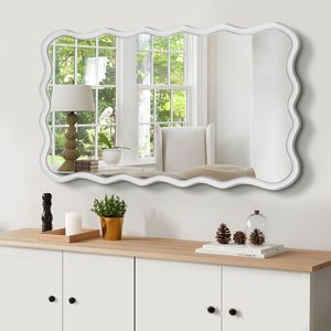 Specchio Decorativo Rettangolare Ondulato in Legno Naturale Massiccio 40 x 28 Pollici, Moderno da Appendere per Bagno, Camera da Letto, Soggiorno, Sala da Pranzo - Product Image 2