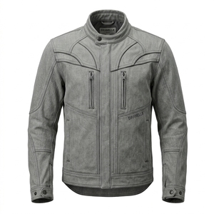 Mens Motorcycle Biker Jacket Custom Grey Washed Denim Tactical Panel Seam Snap Collar Cafe Racer Outerwear <b>Coat</b> - Product Image 1