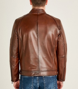 <b>Men's</b> Brown PU Casual Solid Front Dyed Moto Jacket <b>Turtleneck</b> Collar Zipper Closure Regular Fit Winter Style - Product Image 3