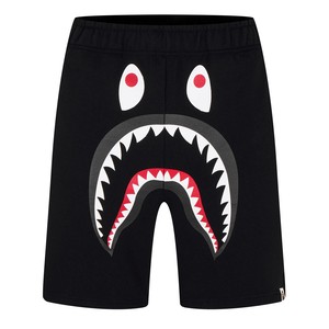 <b>Men</b> <b>Black</b> Shark Face Applique <b>Shorts</b> Elastic Waist Casual Style Character Design Front Logo Knitted Fabric 100% Cotton Anti-UV - Product Image 1