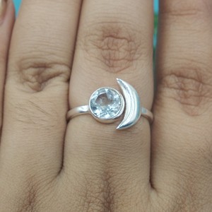 Blue Topaz 925 Sterling Silver <b>Moon</b> <b>Ring</b> Handmade Celestial Design Adjustable Women Gift Minimalist Gemstone Jewelry for Women - Product Image 4