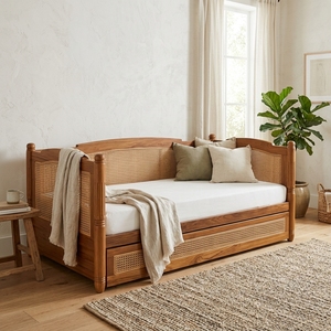 Sofá Extensible de 3 Plazas de Madera de Teca Sólida y Ratán, Estilo Moderno de Mediados de Siglo, Acabado Natural, Banco Extensible sin Colchón, para Sala de Estar o Dormitorio - Product Image 5