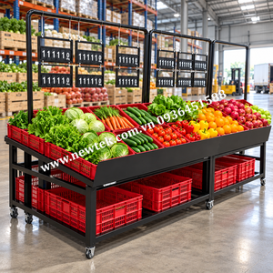 Estante Metálico de 2 Niveles NEWTEK para Exhibición de Productos en Supermercados, con Rejilla Independiente y Soporte para Bolsas en la Parte Trasera y Lateral - Product Image 5