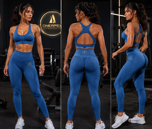 Blue Seamless Women Yoga Set Scrunch Butt Leggings Racerback Sports Bra Gym Activewear Set - Product Image 4