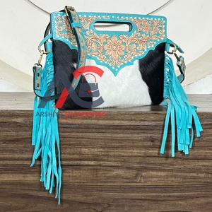 Nuevo Bolso de Hombro de Piel de Vacuno con Flecos y Diseño Turquesa, Bolso Cruzado de Cuero Repujado con Pelo para Mujer, Venta al por Mayor - Product Image 1