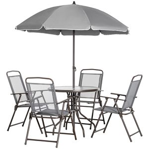 Set da pranzo da esterno grigio resistente alle intemperie da 6 pezzi con ombrellone e tavolo in vetro - Set di mobili da esterno - Product Image 1