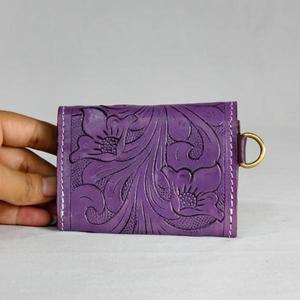 Vintage Genuine Leather <b>Card</b> Holder With <b>Embossed</b> Floral Pattern Snap Closure Single Strap Women's Daily Use - Product Image 6