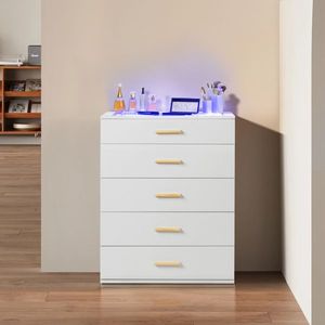 Commode en panneaux de particules blancs avec revêtement Triamine, portes en verre trempé, 66x35x83cm, 5 tiroirs, côtés visibles - Product Image 1