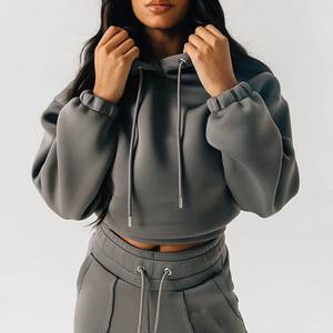 Women's Hooded Cropped <b>Sweatshirt</b> Set Solid Color Knitted Full <b>Sleeve</b> Zipper Design Winter Casual Style Polyester Drawstring - Product Image 4