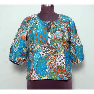 Superbe Tunique de Plage pour Femme en Coton Imprimé Floral, Col Rond, avec Cordons et Pompons, Manches Mi-Longues, Style Chemise Décontractée - Product Image 1