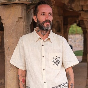 Men Handspun Khadi Cotton Short Sleeve Shirt Ivory White Casual Summer Button-<b>Down</b> with Geometric Hand-Block Printed Pocket - Product Image 1