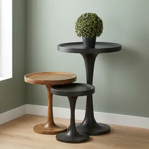 Modern Handmade Round Wooden Side <b>Table</b> with Iron Legs <b>Nesting</b> Design Rajasthan Living Room Furniture - Product Image 3