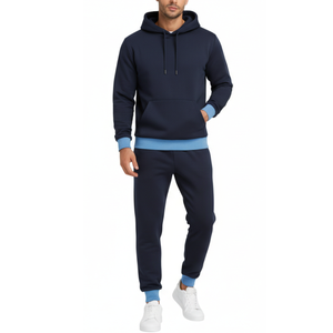 Survêtement pour homme de qualité supérieure, bleu marine |   Sweat-shirt slim fit avec bordure contrastante bleu ciel et pantalon assorti |    Ensemble de vêtements de sport décontractés pour hommes - Product Image 1
