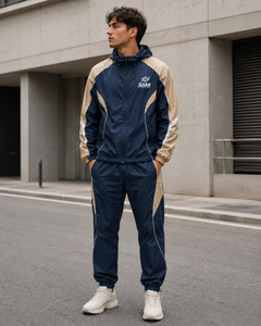 Conjunto Deportivo de Hombre con Capucha, Estilo Waffle, 100% Poliéster, Color Azul Marino y Beige, Chaqueta Deportiva con Cierre Completo y Pantalones, Ropa de Invierno - Product Image 6