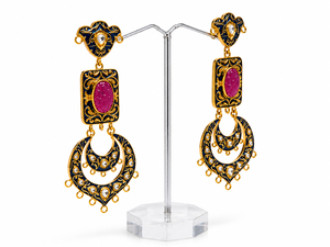 Wholesale Royal Blue Meenakari Chandbali <b>Earrings</b> Carved <b>Red</b> Stone Rectangle <b>Drop</b> <b>Earrings</b> Indian Polki Kundan Jewelry - Product Image 2