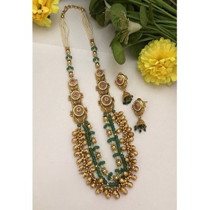 Ensemble collier long et boucles d'oreilles en laiton plaqué or de qualité supérieure, style Polki, pour mariage et soirées, pour femmes. - Product Image 1