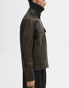 Blouson moto en cuir de vachette pour homme grande taille, col montant, fermeture éclair, noir uni, streetwear d'automne - Product Image 3