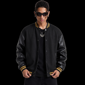 Black College Baseball Quilted <b>Jacket</b> Men Custom Logo Wool Feel Body Cotton Sleeves Striped Rib Trim Winter 100% Cotton - Product Image 6