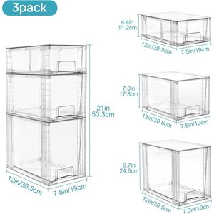 Set di 3 Cassetti Impilabili in Plastica Trasparente con Maniglie, Facili da Montare, Organizzatori per Bagno e Cucina - Product Image 3