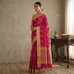 Pink Banarasi Silk Saree with Gold Zari Embroidery Chanderi Indian Bollywood Style <b>Dress</b> - Product Image 6