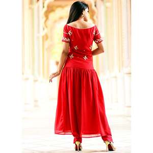 Conjunto de Kurta de Chifón Gherdaar de Manga Corta con Adornos Rojos Talla XS - Product Image 3