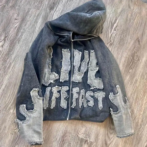 Sudadera con capucha y cremallera con gráfico de mono vintage personalizado, con apliques bordados, lavado ácido, acabado desgastado y corte recortado. - Product Image 5