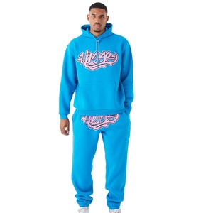Men Blue Hooded <b>Tracksuit</b> <b>Set</b> Cotton Streetwear Casual Eco-Friendly Full Length <b>Pink</b> Logo Print Front Elastic Waist Side Pockets - Product Image 1