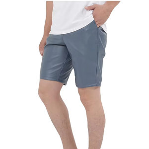 Men's Customizable Gray Genuine Leather Formal Bermuda <b>Shorts</b> Mid Waist Button Fly Pockets Quick Dry Breathable Solid Color - Product Image 1