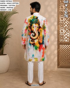 <b>Men's</b> Printed Ganesha <b>Kurta</b> Cotton Regular Fit Ankle Length Traditional Indian Pakistani Casual Wear M L XL 2XL - Product Image 2