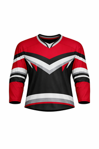 Men's <b>Red</b> Black <b>Striped</b> Ice Hockey Jersey Three Quarter Sleeve Moisture Wicking Mesh V-Neck Custom Sublimated Apparel - Product Image 2