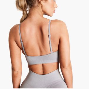 Soutien-gorge de sport côtelé sans couture pour femme, col rond, bretelles spaghetti, maintien moyen, pour yoga et activités sportives, gris - Product Image 3