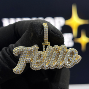 <b>Custom</b> Fully Iced Script <b>Name</b> Pendant 925 Sterling Silver VVS1 Moissanite Pave Hip Hop <b>Necklace</b> Yellow Gold Personalized Unisex - Product Image 1