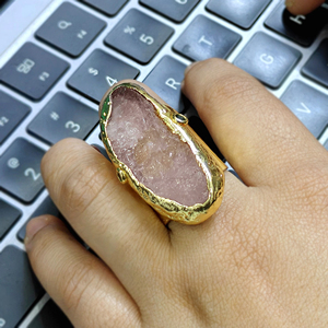 Natural raw crystal rose quartz statement <b>ring</b> with emerald cz accents solid <b>brass</b> 18k gold plated organic shape <b>ring</b> for women - Product Image 3