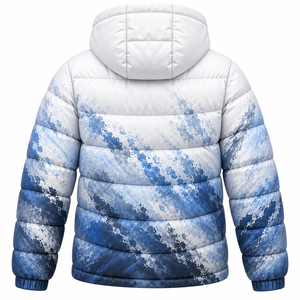 Men's Blue <b>White</b> Printed Hooded <b>Puffer</b> <b>Jacket</b> Windproof Winter Coat Zipper Closure Casual Regular Fit Thick Polyester Shell - Product Image 2