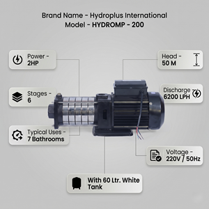 Ensemble de pompe de surpression Hydroplus International 2HP 6 étapes avec réservoir de 60L Denfoss KP35 pour système d'utilisation haute pression pour 7 salles de bain - Product Image 2