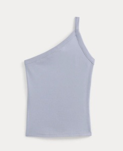 Women's Asymmetric 100% Cotton Knitted Rib Textured <b>One</b> Shoulder Tank <b>Top</b> Solid Light Blue Color Breathable Quick Dry - Product Image 1