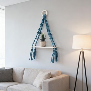 Boho Style Set Of 2 Macrame Wall Hanging Shelves With Wooden Base Ideal For Bedroom Candle Display And Lighting Decor From India - Product Image 3