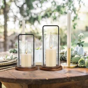 Modern Glass Hurricane Lantern With Wood Base <b>Black</b> Metal Handle <b>Pillar</b> <b>Candle</b> <b>Holder</b> Set Nordic Wedding Table Centerpiece Decor - Product Image 5