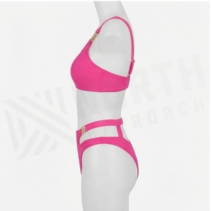 Ensemble de bikini asymétrique rose à une épaule avec bas de maillot de bain taille haute évidé pour femme - Product Image 3